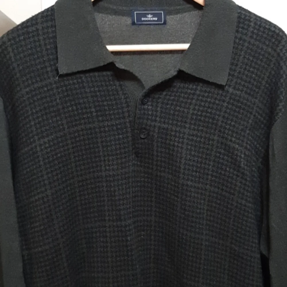 DOCKERS Mens Collared knit Sweater Sz L XL Green Black Print Long Sleeve b36